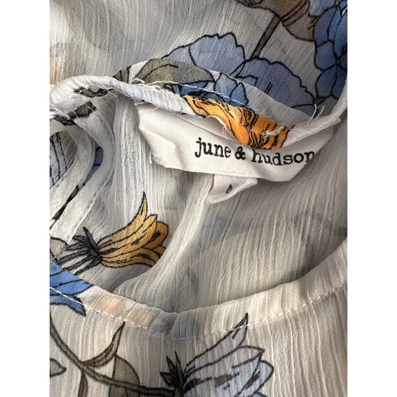 June and Hudson Short Sleeve Medium Sheer Top White Blue Yellow - Picture 4 of 4